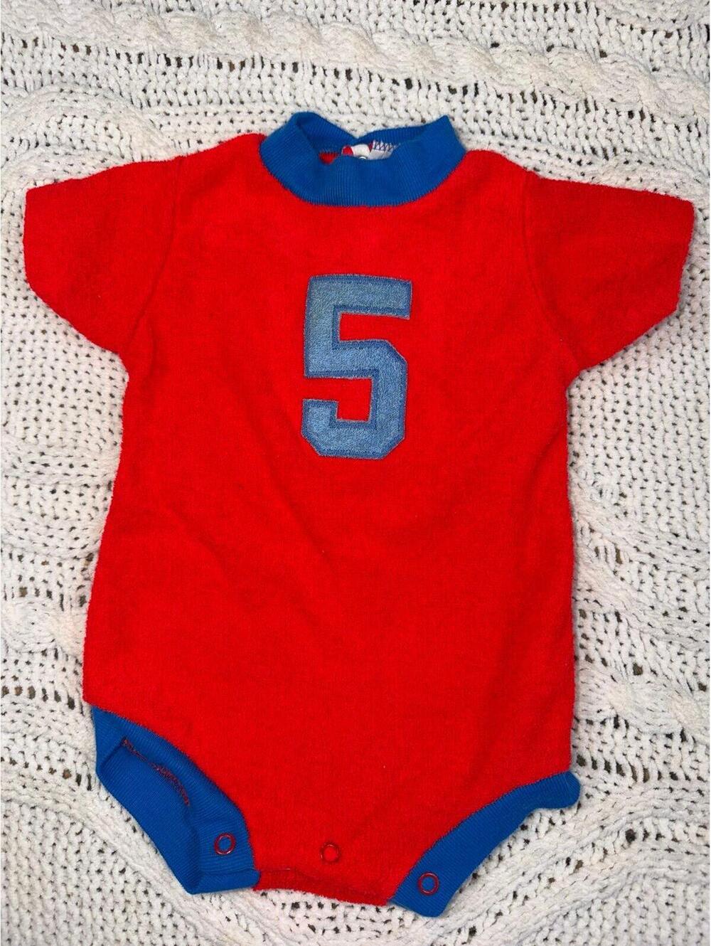 VTG Terry Cloth Baby One Piece Number 5 Red/Blue Size Newborn-14 Months USA